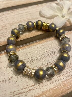 Gray and Gold Jade 10mm Bracelet with CZ Baguette Accent and Crystal, handmade